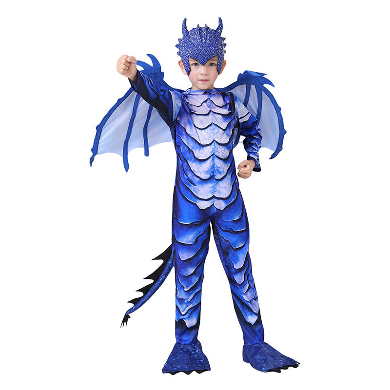 Kids Dinosaur Costume Blue Frost Dragon Jumpsuit with Tail Wing Mask for Cosplay