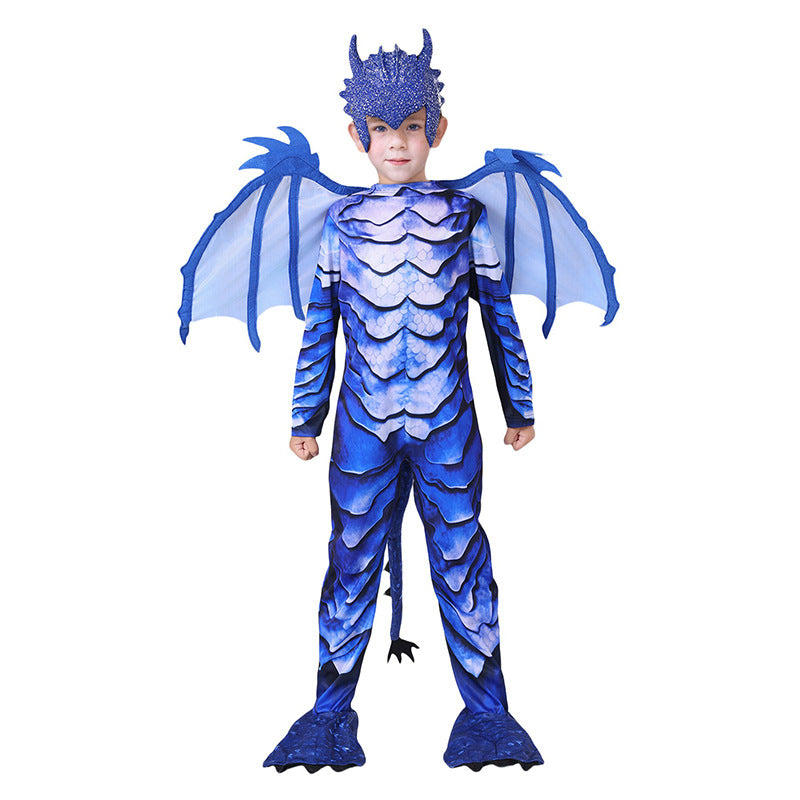 Kids Dinosaur Costume Blue Frost Dragon Jumpsuit with Tail Wing Mask for Cosplay