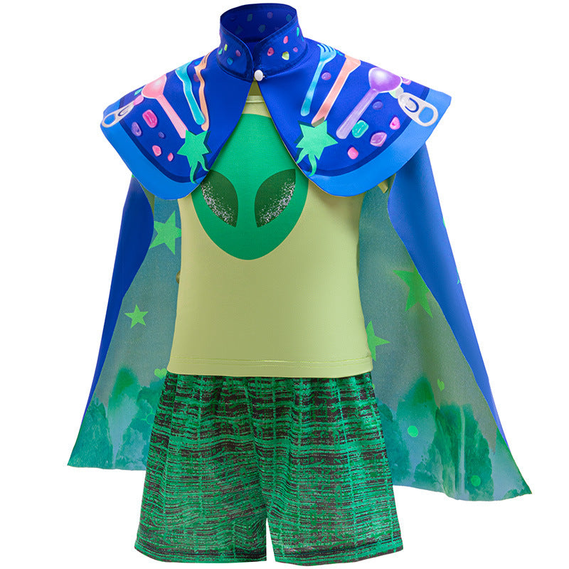 Kids Earth Ambassador Costume Green T-shirt Shorts Blue Cloak 3pcs Halloween Cosplay Outfit
