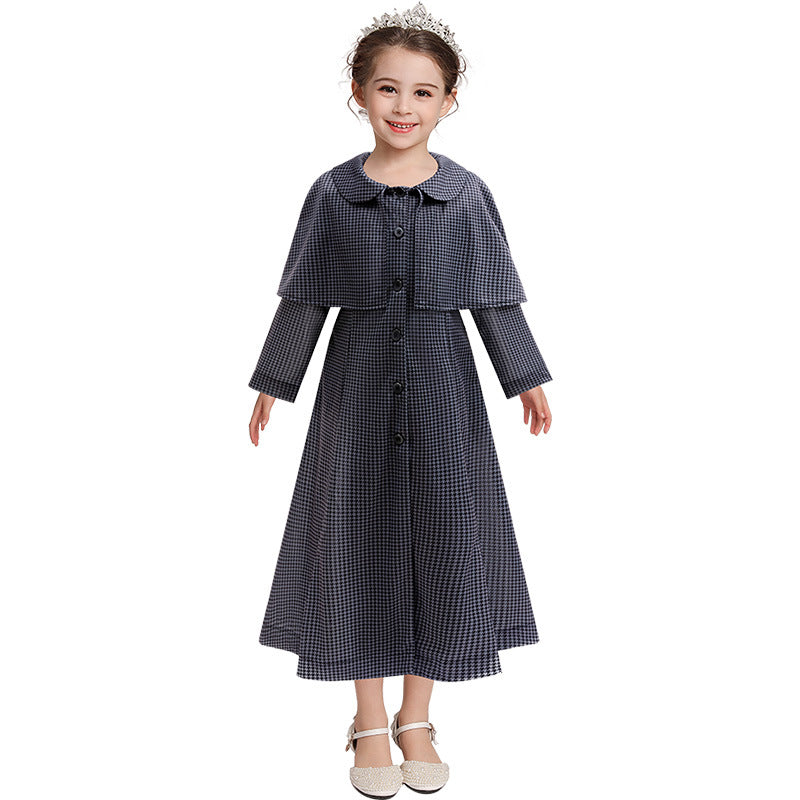 Girls Wednesday Dress Black Houndstooth Cape Coat for Halloween Cosplay Party