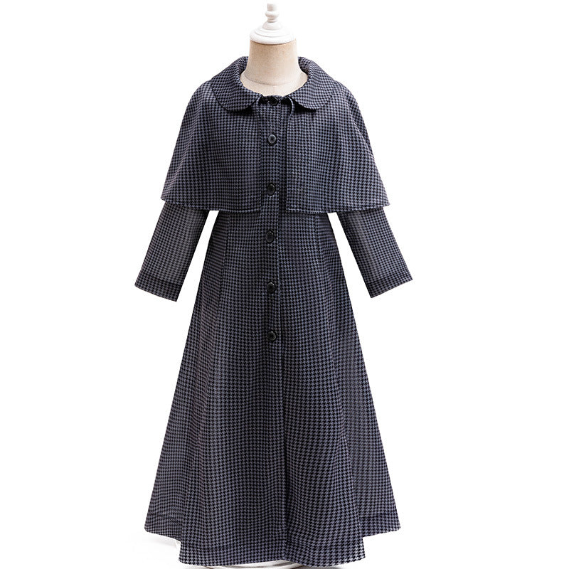 Girls Wednesday Dress Black Houndstooth Cape Coat for Halloween Cosplay Party