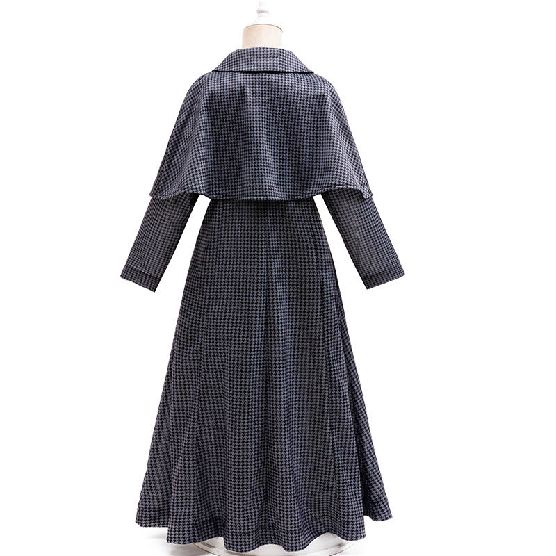 Girls Wednesday Dress Black Houndstooth Cape Coat for Halloween Cosplay Party