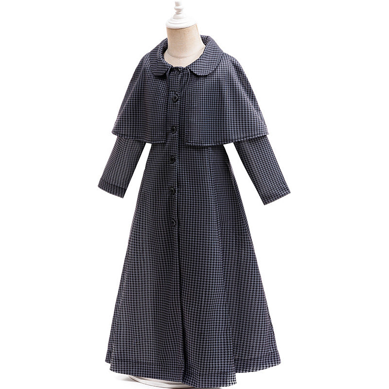 Girls Wednesday Dress Black Houndstooth Cape Coat for Halloween Cosplay Party
