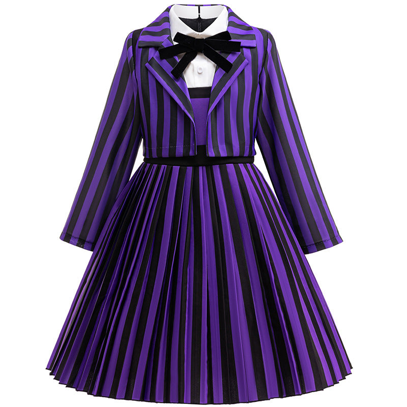 Girls Halloween Party Dress Ball Gown Purple Pleated Skirt and Coat Suit for Cosplay