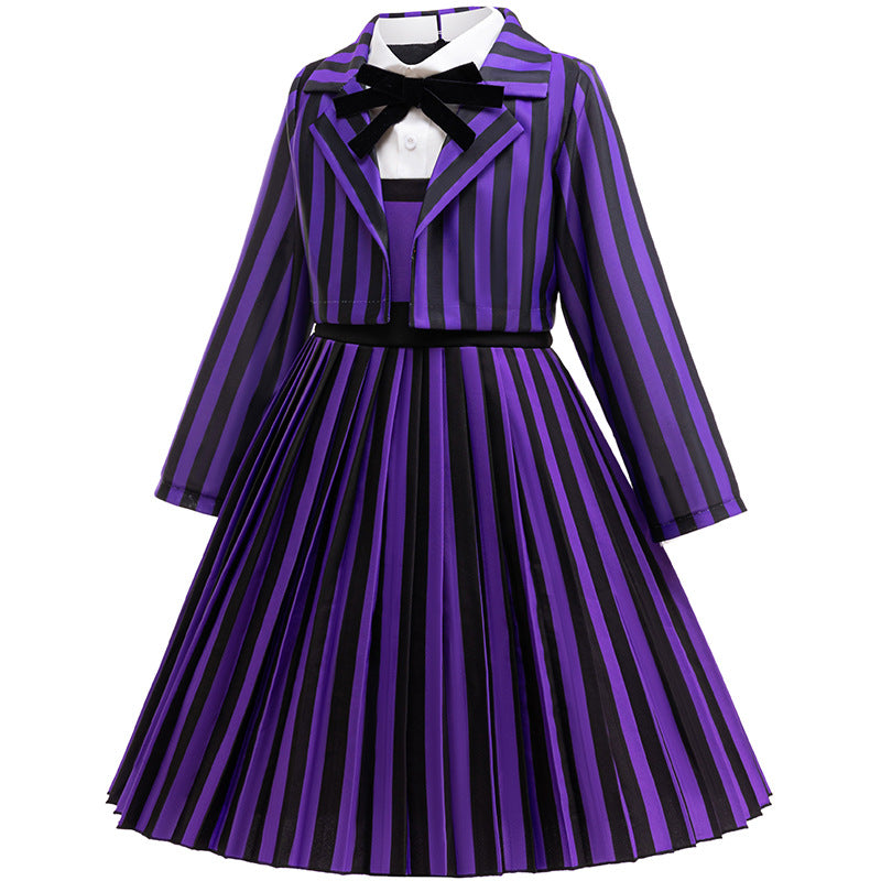 Girls Halloween Party Dress Ball Gown Purple Pleated Skirt and Coat Suit for Cosplay