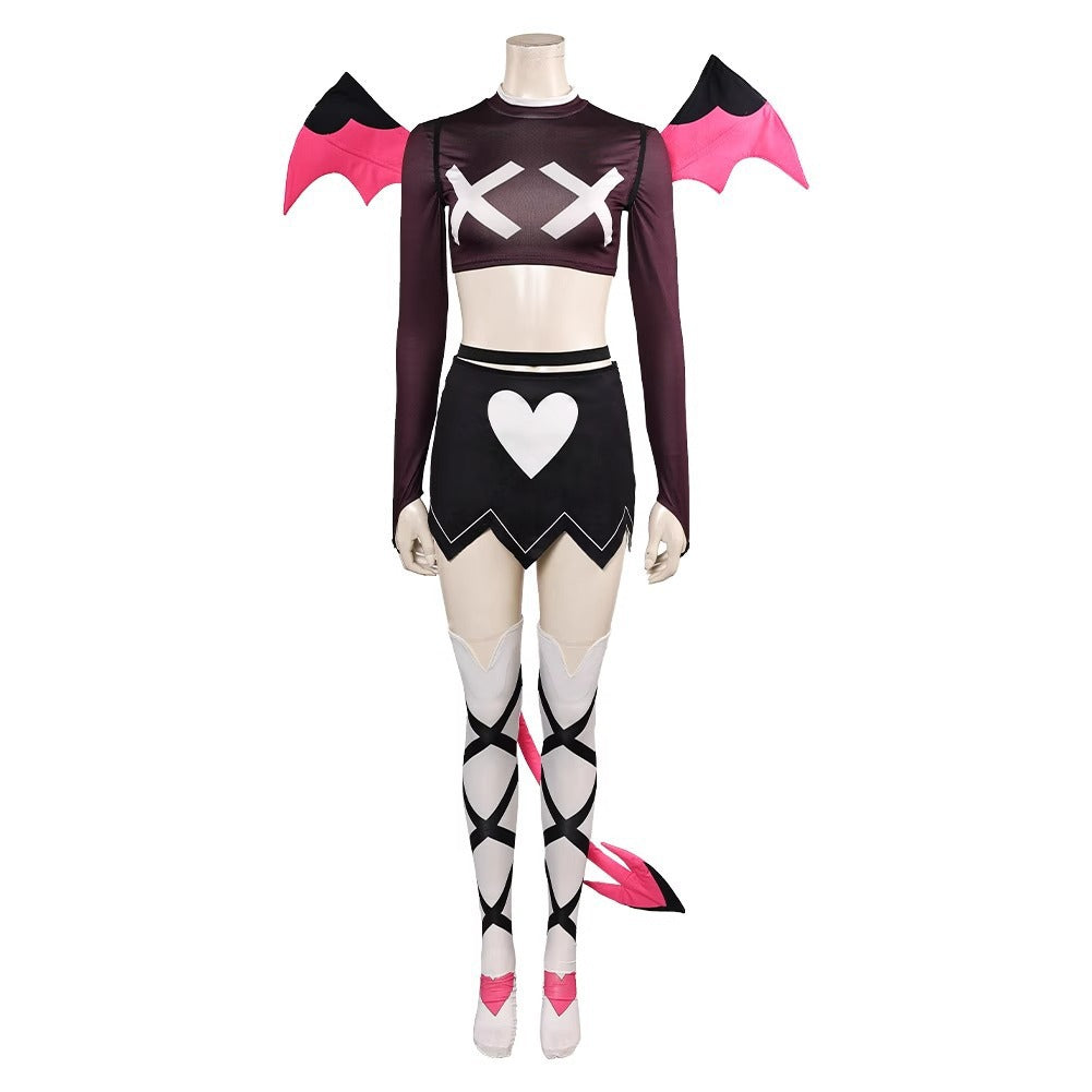 Women Verosika Costume Demon Crop Tops Skirt Wing and Tail Full Set