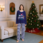 Christmas Pajamas Navy Xmas Top with Striped Pants Matching Holiday Sleepwear for Family