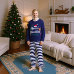Christmas Pajamas Navy Xmas Top with Striped Pants Matching Holiday Sleepwear for Family
