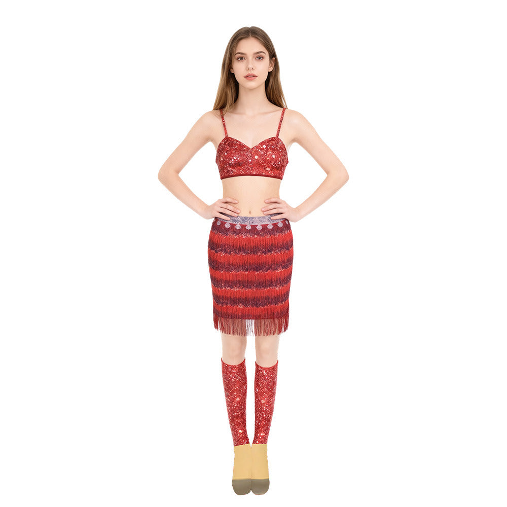 Popstar Performance Costume Red Sequin Fringe Skirt with Sparkly Bra and Socks for Cosplay