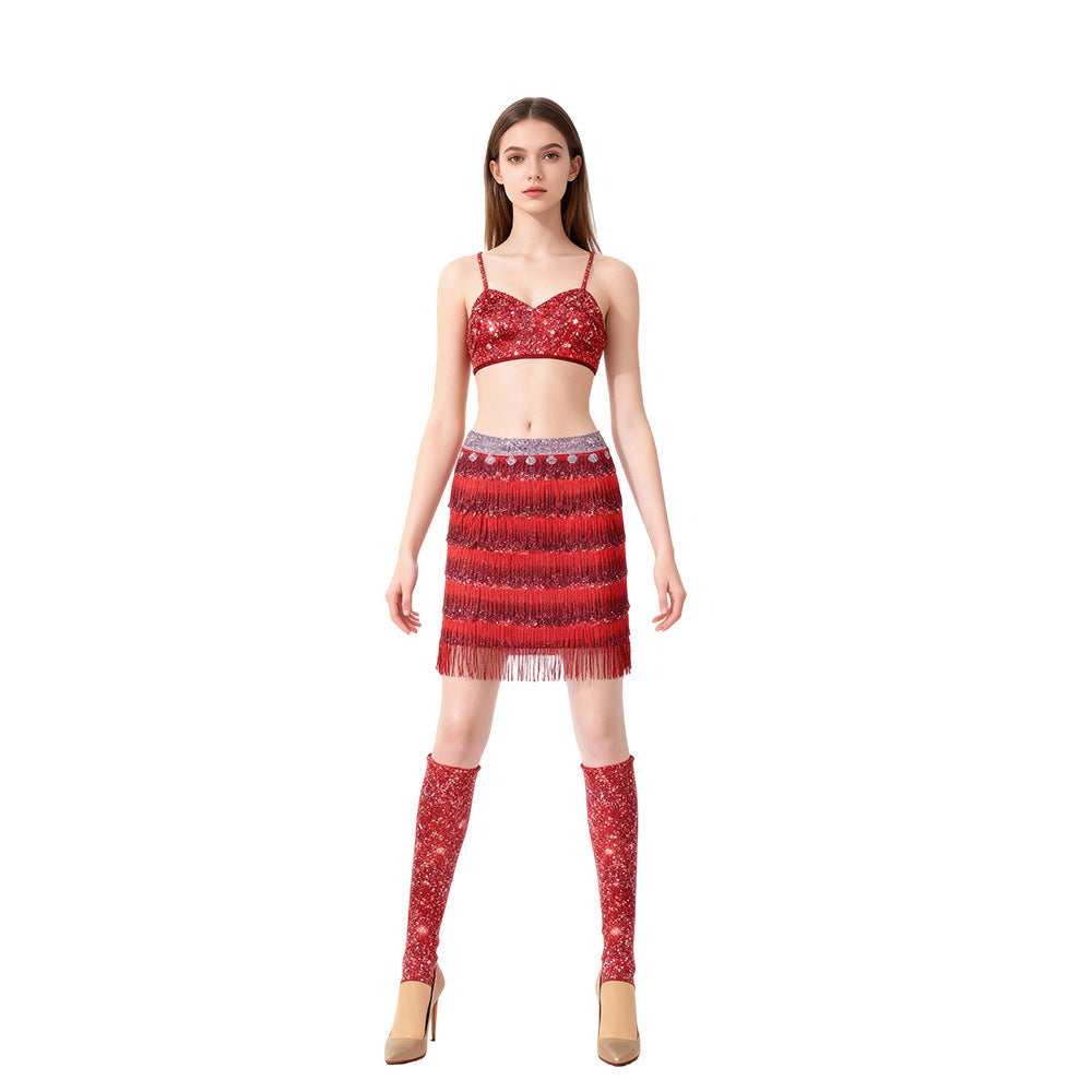 Popstar Performance Costume Red Sequin Fringe Skirt with Sparkly Bra and Socks for Cosplay