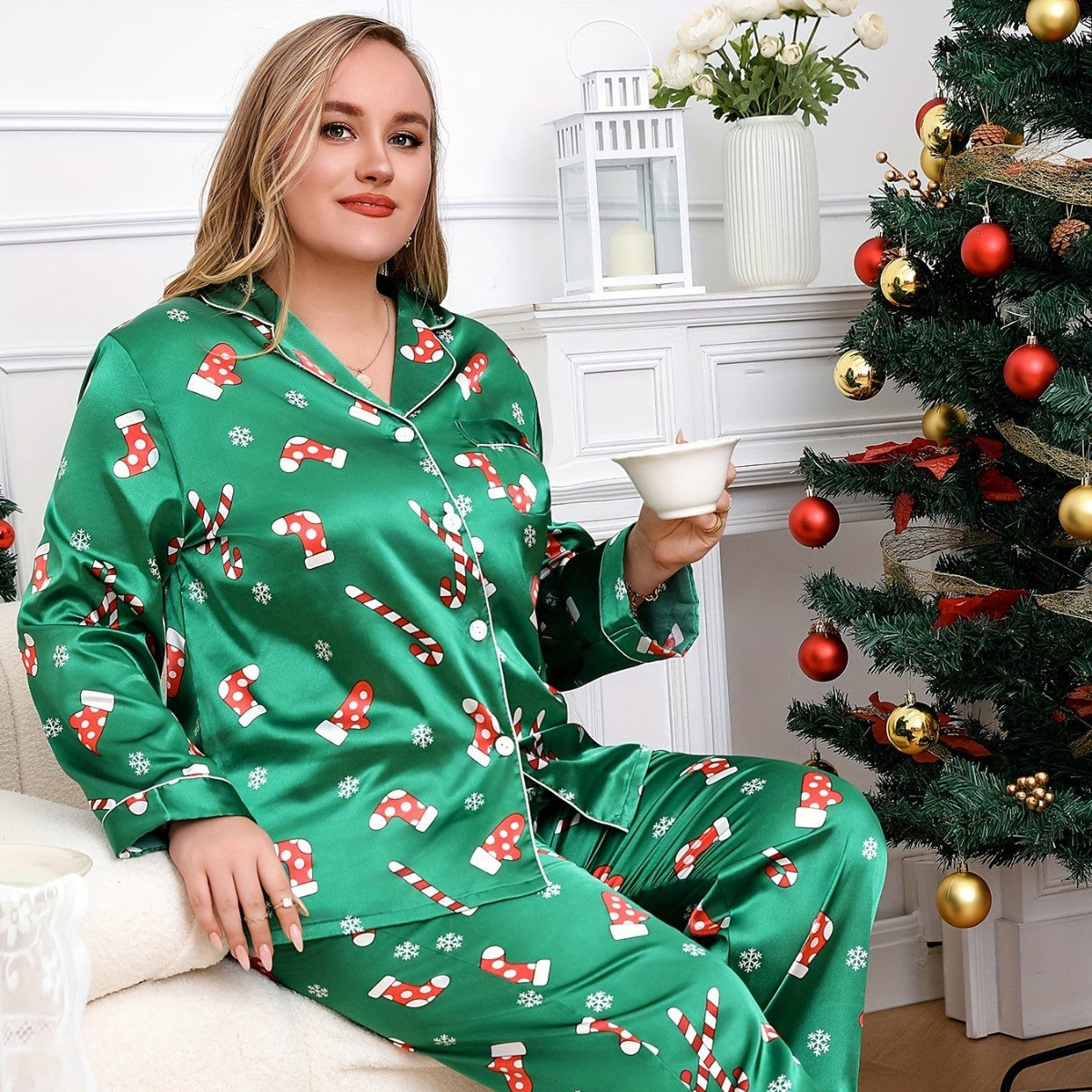 Lady Christmas Sleepwear Plus Size Satin PJS with Christmas Candy Cane for A Cozy Holiday