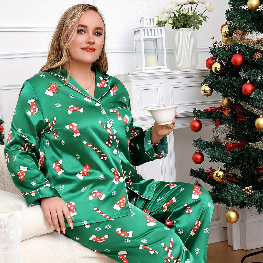 Lady Christmas Sleepwear Plus Size Satin PJS with Christmas Candy Cane for A Cozy Holiday