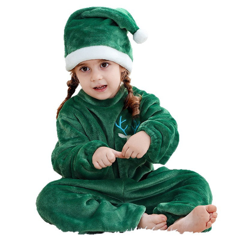 Baby Kids Christmas Pajamas Soft Flannel Jumpsuit with Hat for Xmas Party