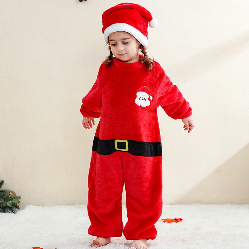 Baby Kids Christmas Pajamas Soft Flannel Jumpsuit with Hat for Xmas Party