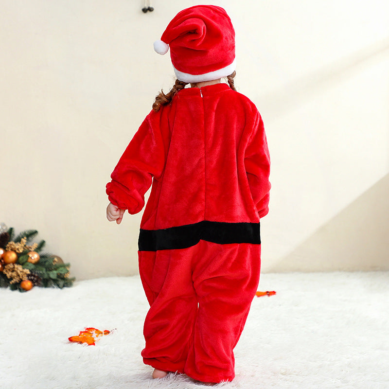 Baby Kids Christmas Pajamas Soft Flannel Jumpsuit with Hat for Xmas Party