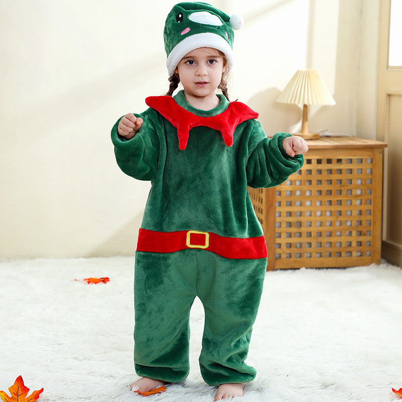 Baby Kids Christmas Pajamas Soft Flannel Jumpsuit with Hat for Xmas Party