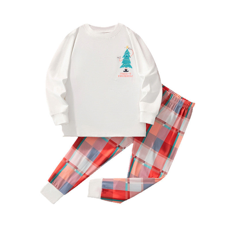 Boys Christmas Pajamas White Long Sleeve Top with Plaid Pants for Sleepwear
