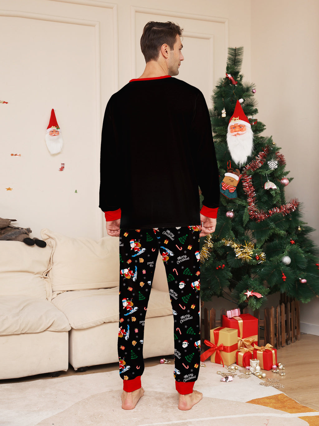 Matching Family Christmas Pajamas Black Unisex Sleepwear Xmas Outfits for Kids Adults