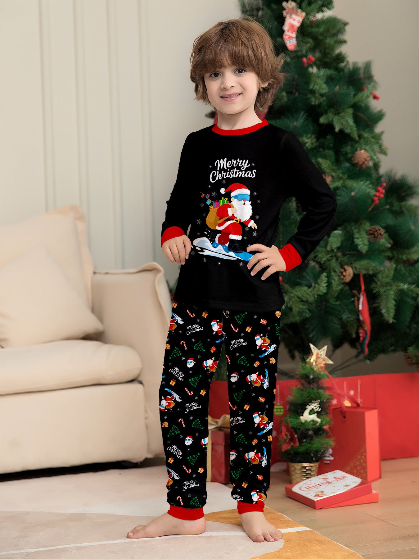 Matching Family Christmas Pajamas Black Unisex Sleepwear Xmas Outfits for Kids Adults