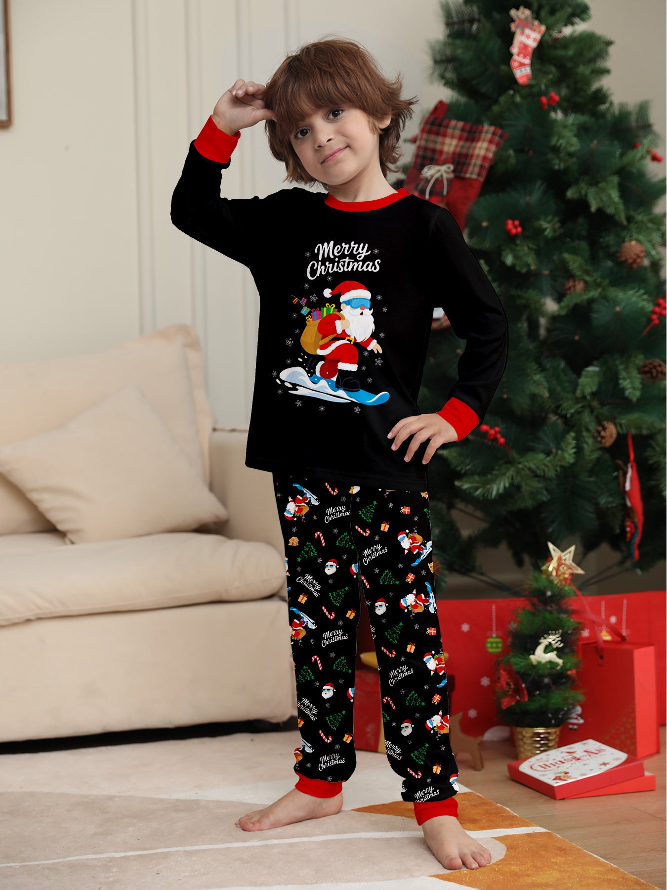 Matching Family Christmas Pajamas Black Unisex Sleepwear Xmas Outfits for Kids Adults