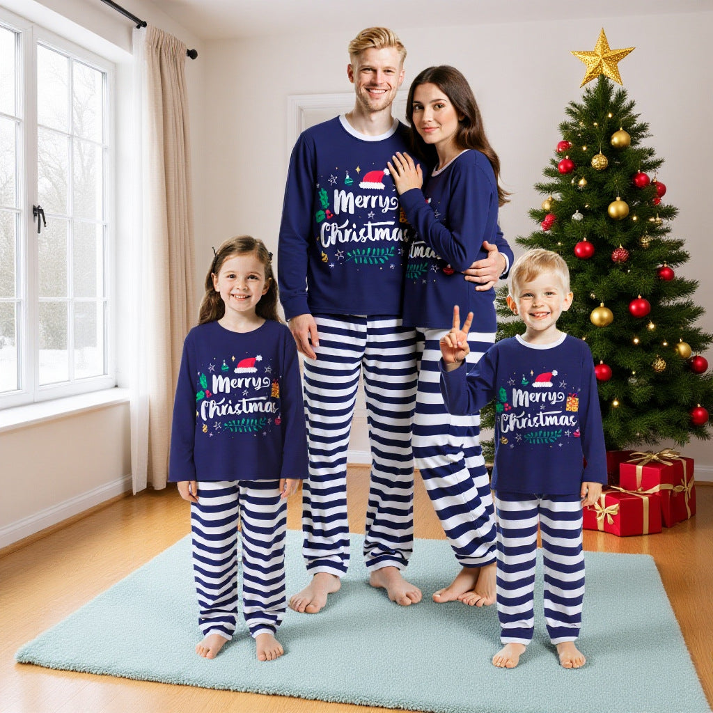 Christmas Pajamas Navy Xmas Top with Striped Pants Matching Holiday Sleepwear for Family