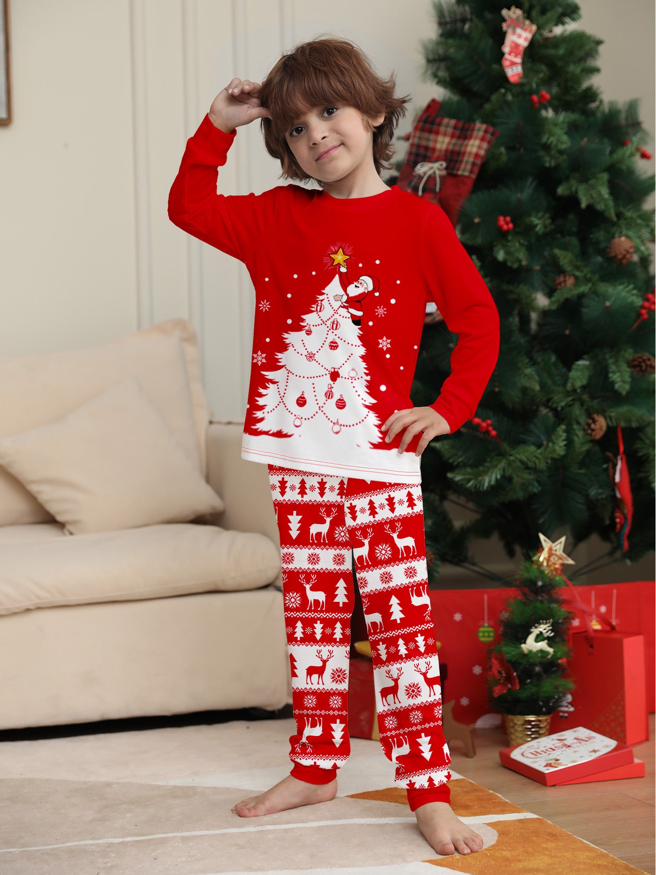 Matching Family Christmas Pajamas Red Festive Loungewear Causal Tops and Pants