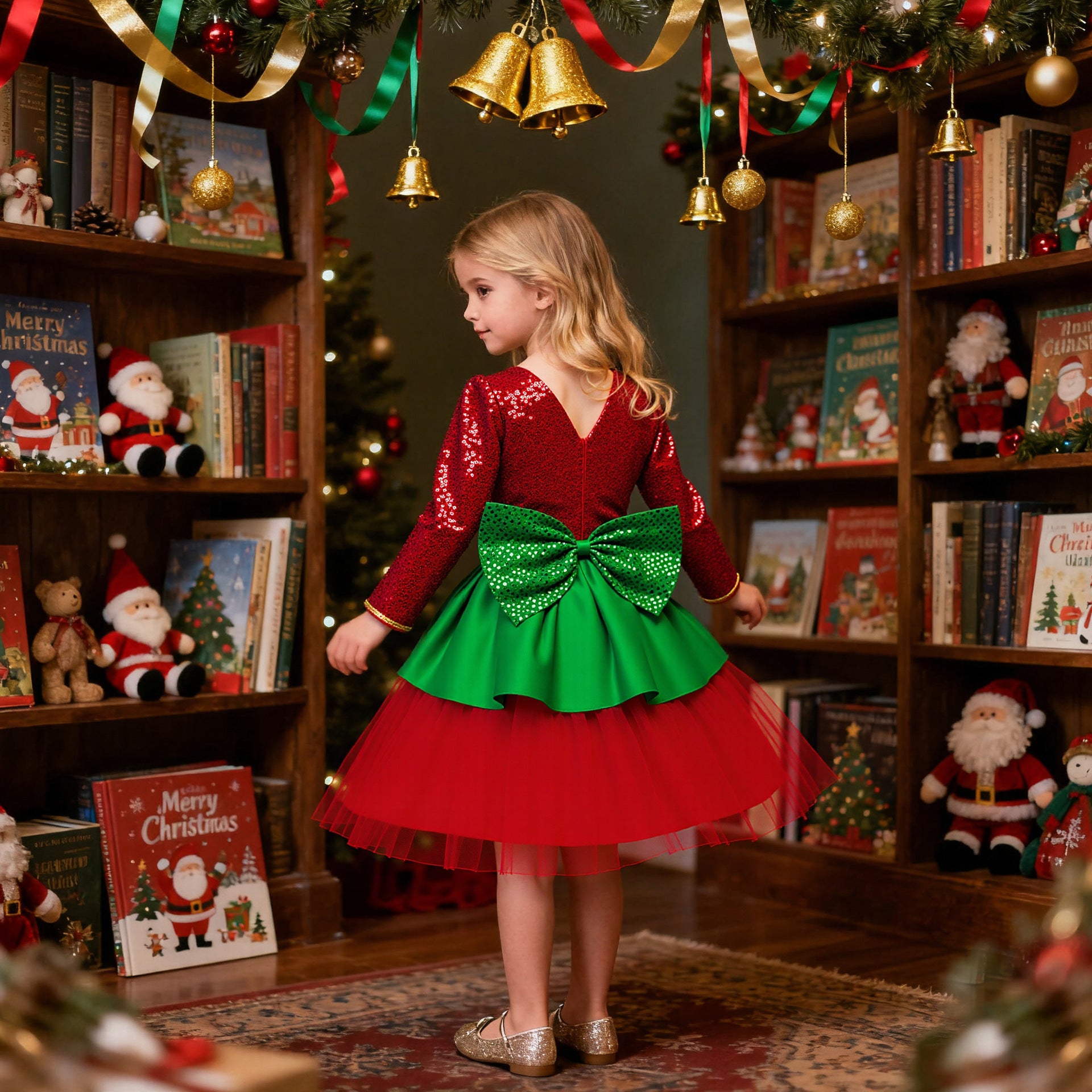 Christmas Dress Ready To Ship Girls Red Ball Gown with Magnetic Hand-holding Socks Best Xmas Gift