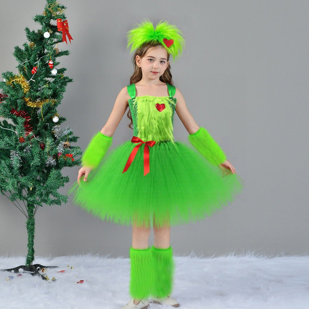 Girls Xmas Costume Green Dress Scarf with Warmers Full Set Perfect Christmas Gift