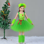 Girls Xmas Costume Green Dress Scarf with Warmers Full Set Perfect Christmas Gift