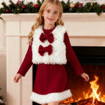 Girls Christmas Costume Long Sleeve Dress and White Fleece Vest 2pcs Suit for Xmas Party