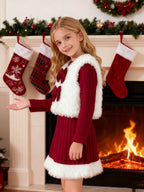 Girls Christmas Costume Long Sleeve Dress and White Fleece Vest 2pcs Suit for Xmas Party