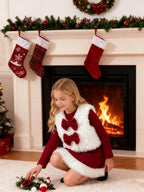 Girls Christmas Costume Long Sleeve Dress and White Fleece Vest 2pcs Suit for Xmas Party