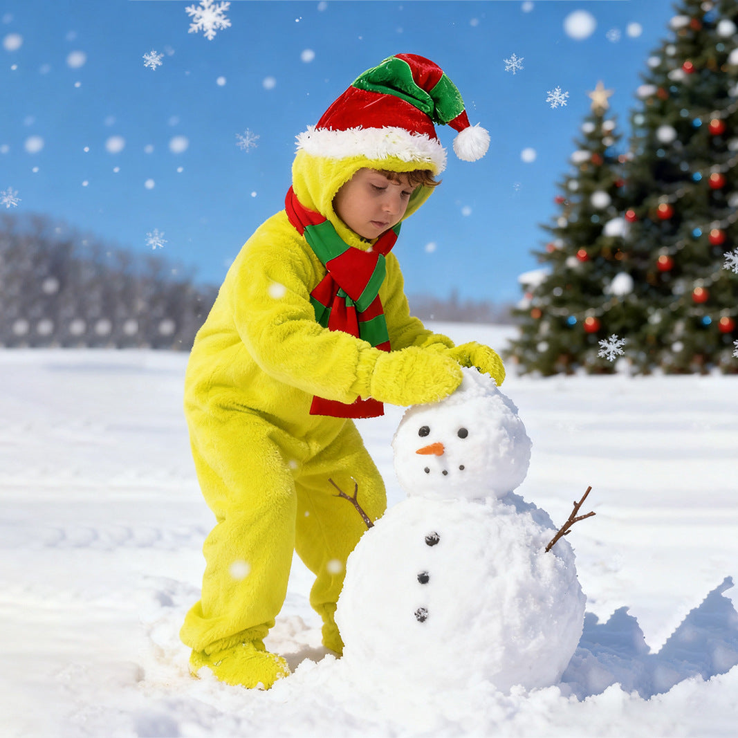 Kids Elf Costume Nightmare before Christmas Outfit Green Jumpsuit with Hat and Scarf Suit