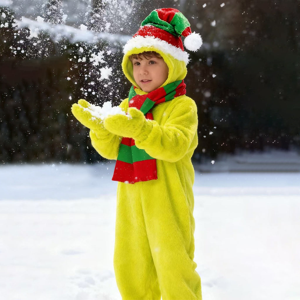Kids Elf Costume Nightmare before Christmas Outfit Green Jumpsuit with Hat and Scarf Suit