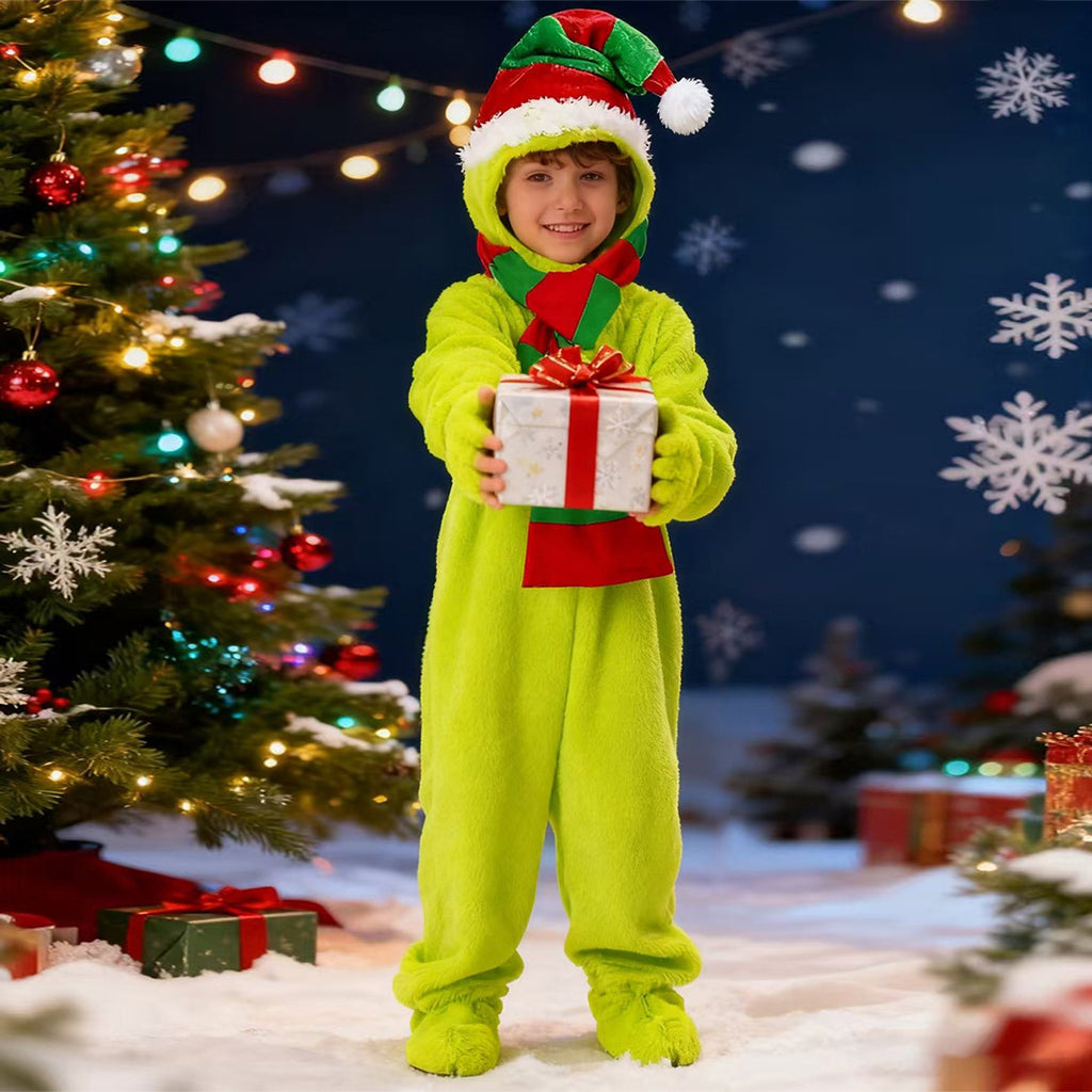 Kids Elf Costume Nightmare before Christmas Outfit Green Jumpsuit with Hat and Scarf Suit