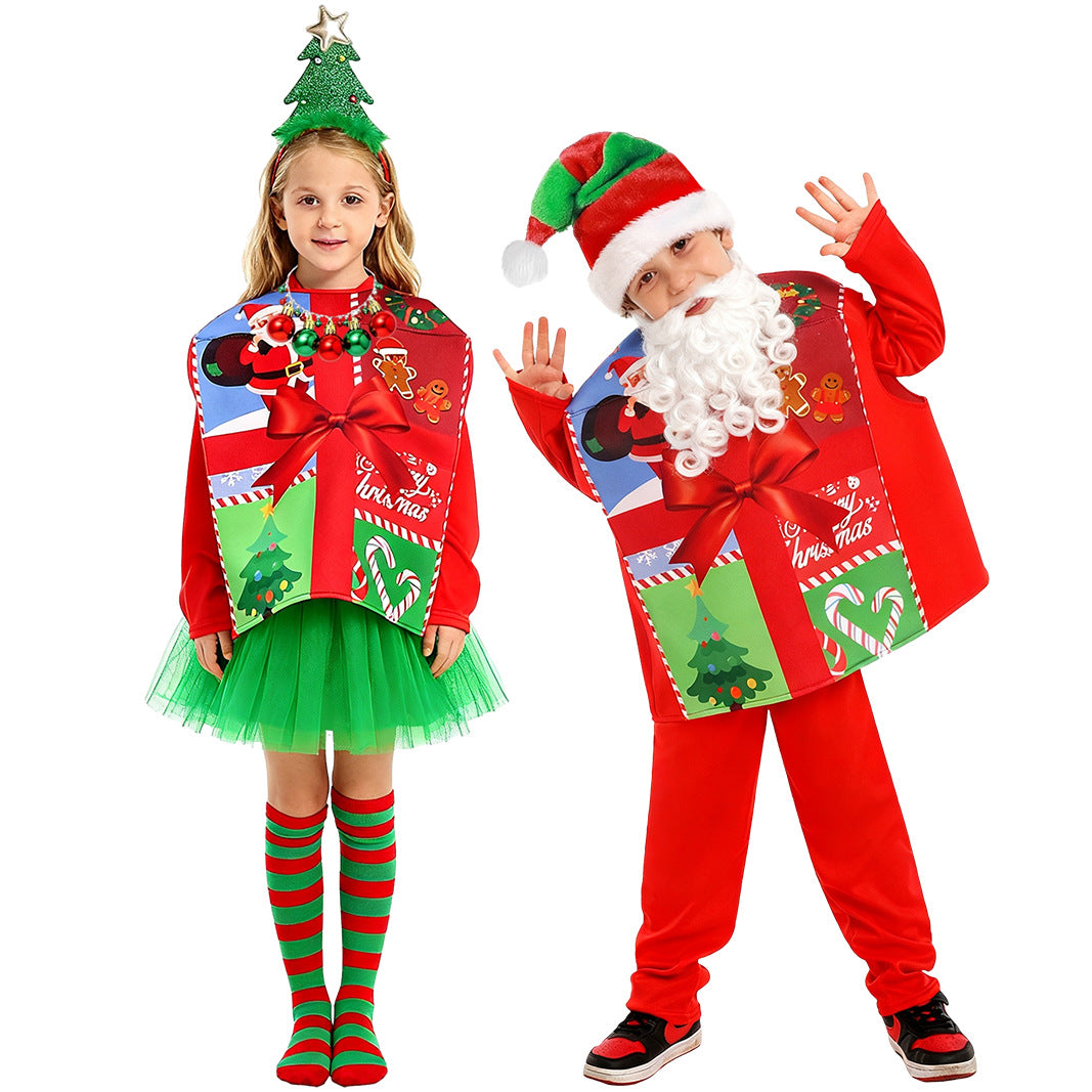 Kids Christmas Costume Unique Gift Box Tops with Hat Beard and Jumpsuit for Boys Girls