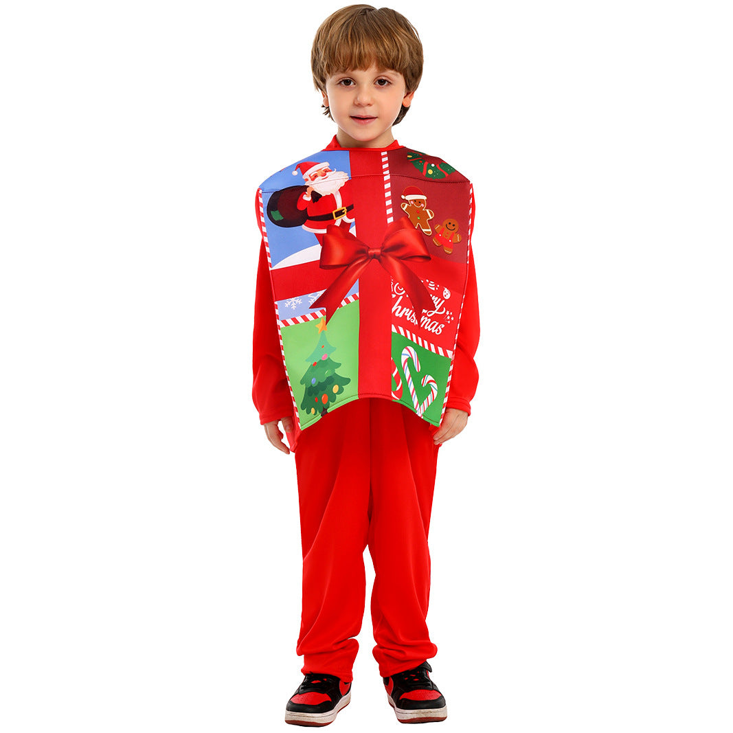 Kids Christmas Costume Unique Gift Box Tops with Hat Beard and Jumpsuit for Boys Girls