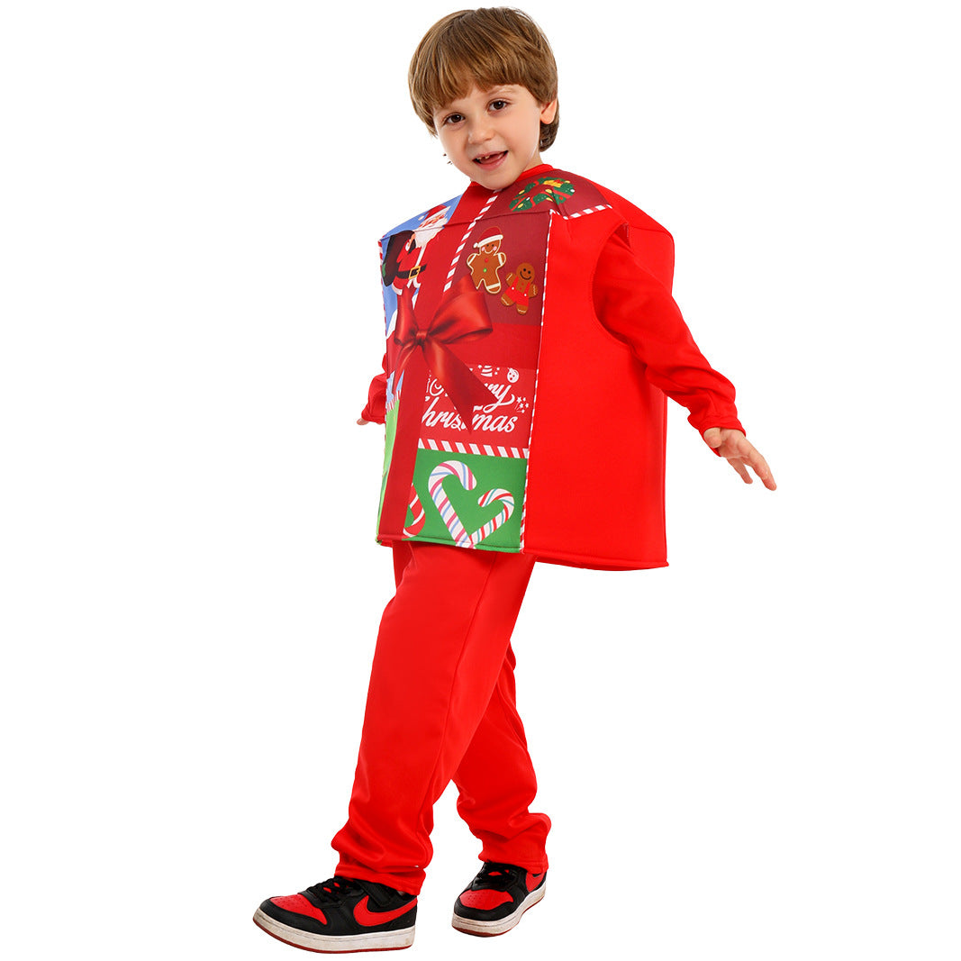 Kids Christmas Costume Unique Gift Box Tops with Hat Beard and Jumpsuit for Boys Girls
