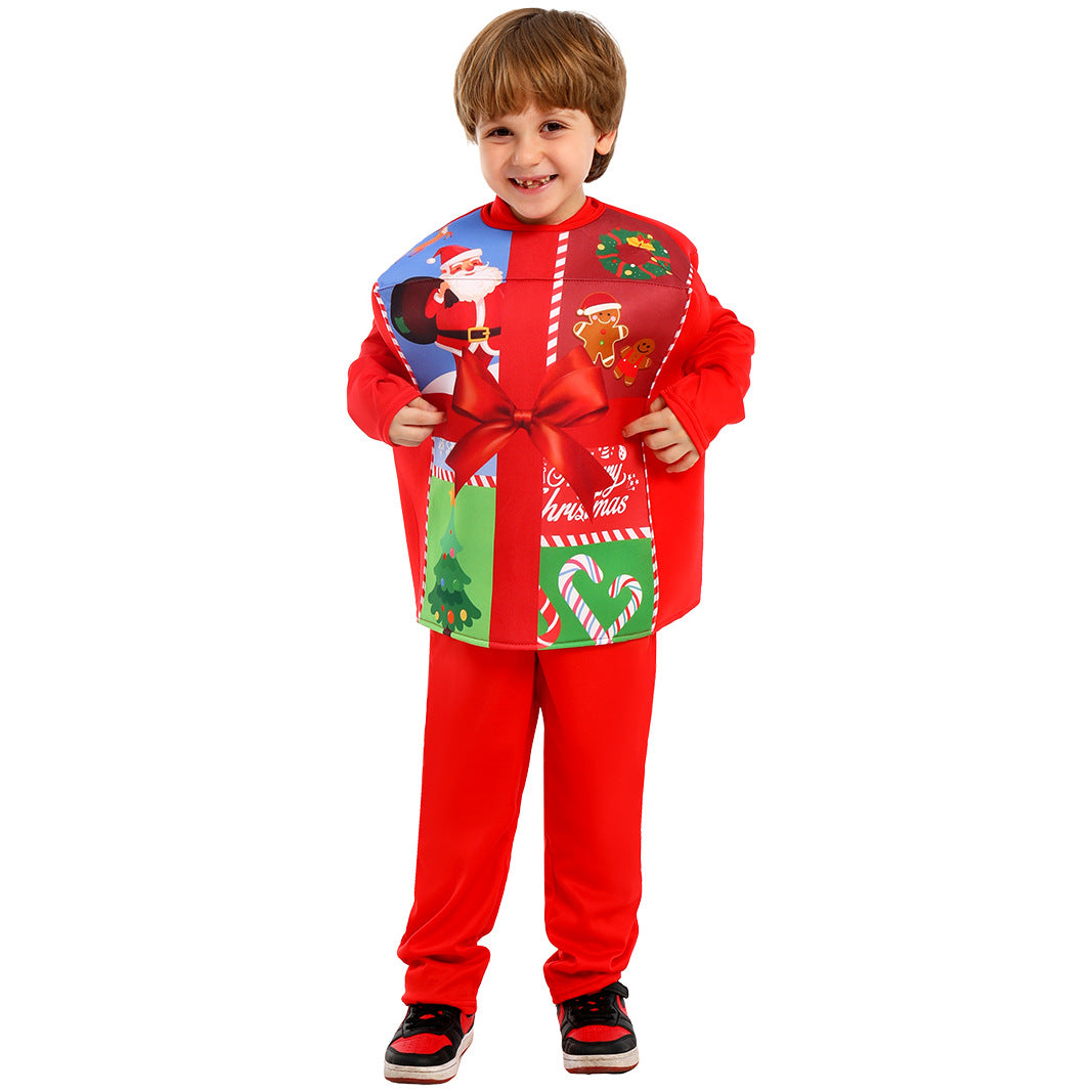 Kids Christmas Costume Unique Gift Box Tops with Hat Beard and Jumpsuit for Boys Girls