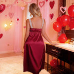 Women Christmas Party Dress Sexy Festive Velvet-Trim Satin Nightgown Red Xmas Costume