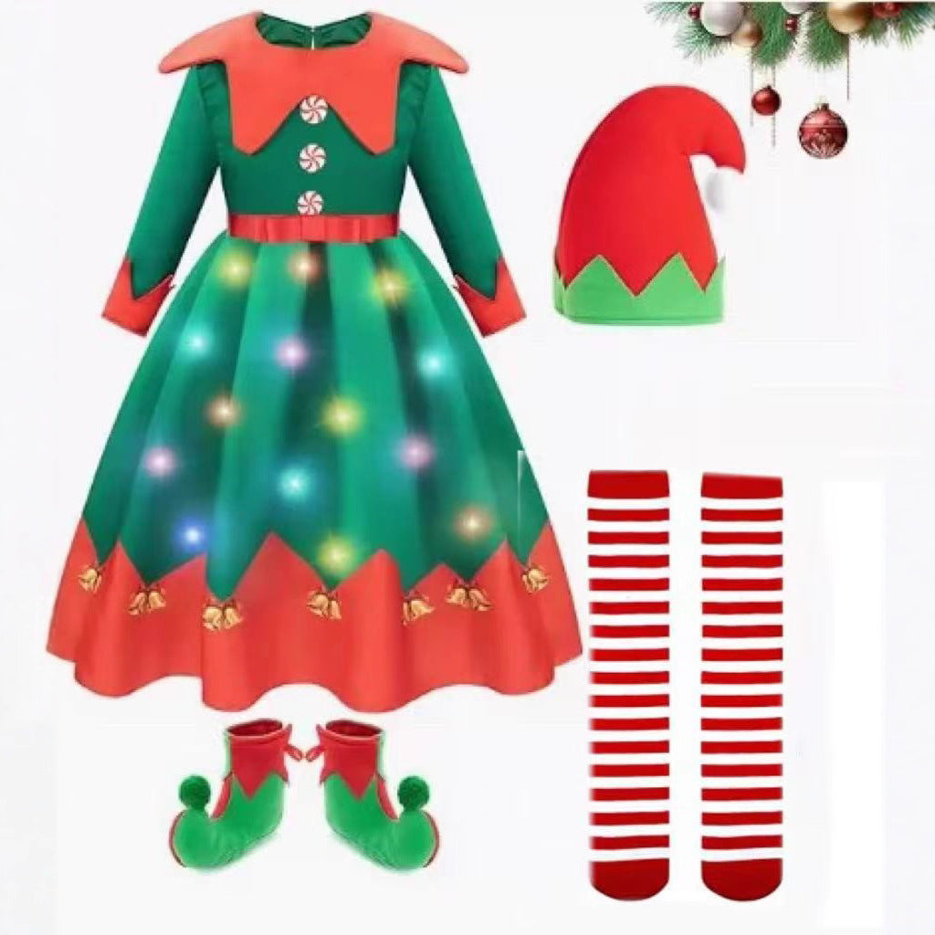 Girls Xmas Light Up Dress Elf Chrismtas Costume with Hat Socks Shoes Covers Full Set