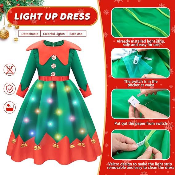 Girls Xmas Light Up Dress Elf Chrismtas Costume with Hat Socks Shoes Covers Full Set