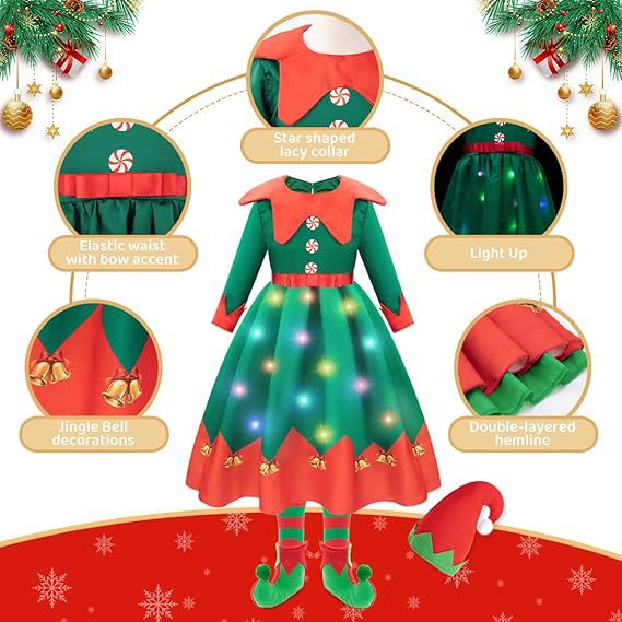 Girls Xmas Light Up Dress Elf Chrismtas Costume with Hat Socks Shoes Covers Full Set