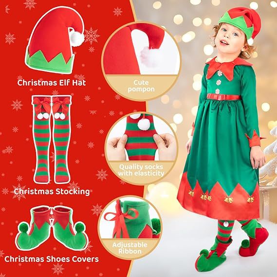 Girls Xmas Light Up Dress Elf Chrismtas Costume with Hat Socks Shoes Covers Full Set