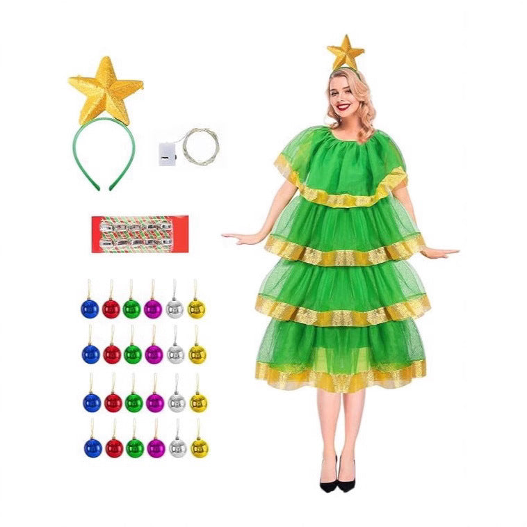 Women Xmas Light Up Dress Christmas Tree Costume with Star Headband and Colorful Bauble Decor