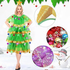 Women Xmas Light Up Dress Christmas Tree Costume with Star Headband and Colorful Bauble Decor