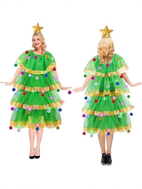 Women Xmas Light Up Dress Christmas Tree Costume with Star Headband and Colorful Bauble Decor