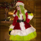 Women Christmas Costume Red Fluffy Thick Dress and Hat Full Set
