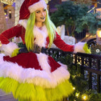 Women Christmas Costume Red Fluffy Thick Dress and Hat Full Set