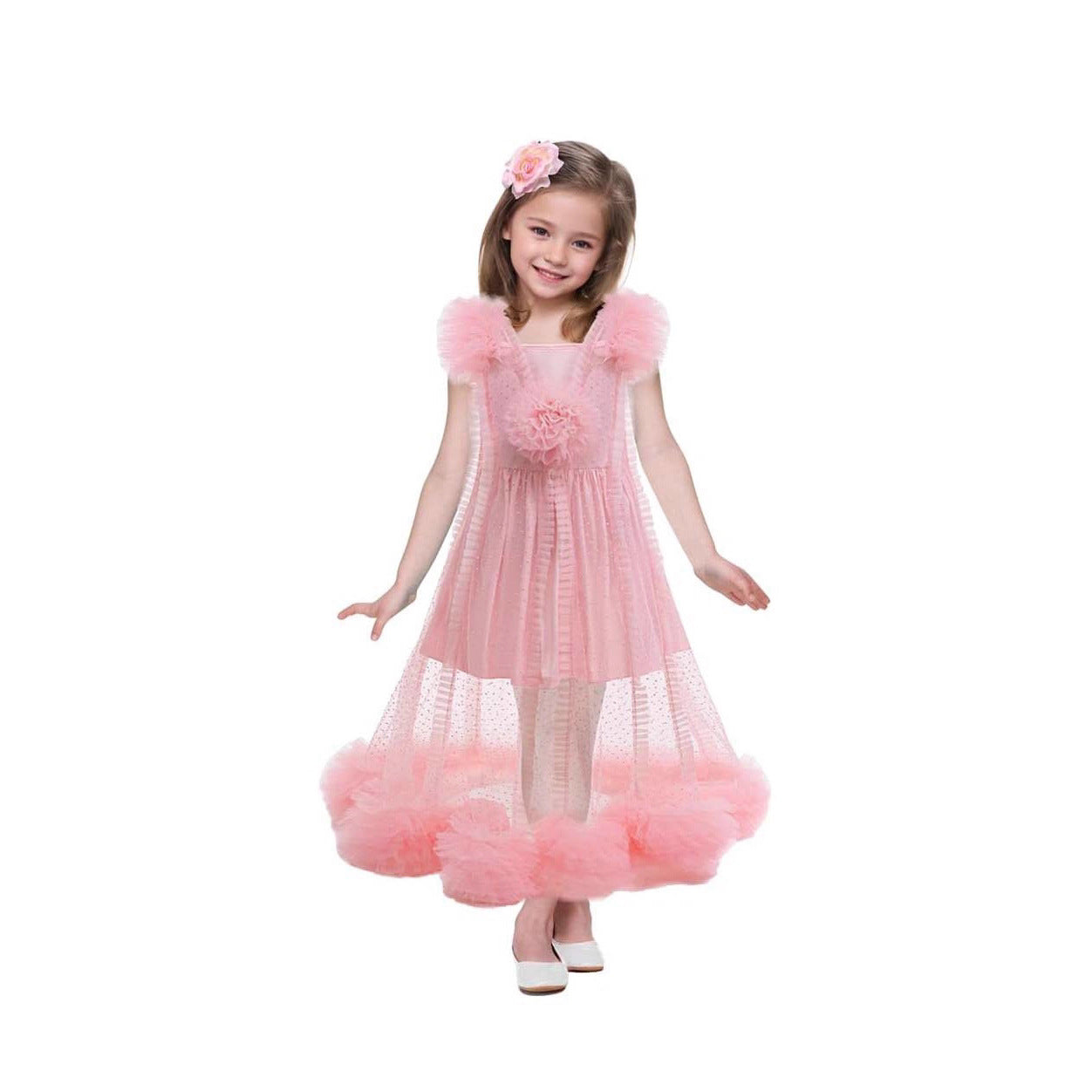 Girls Glinda Dress Good Witch Pink Princess Flowered Ruffled Tulle Gown with Camisole Slip